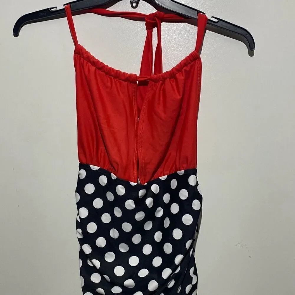 Eomenie Women's‎ Multicolor Solid Polka Dots Open Back Halter Swimsuit Size XL
